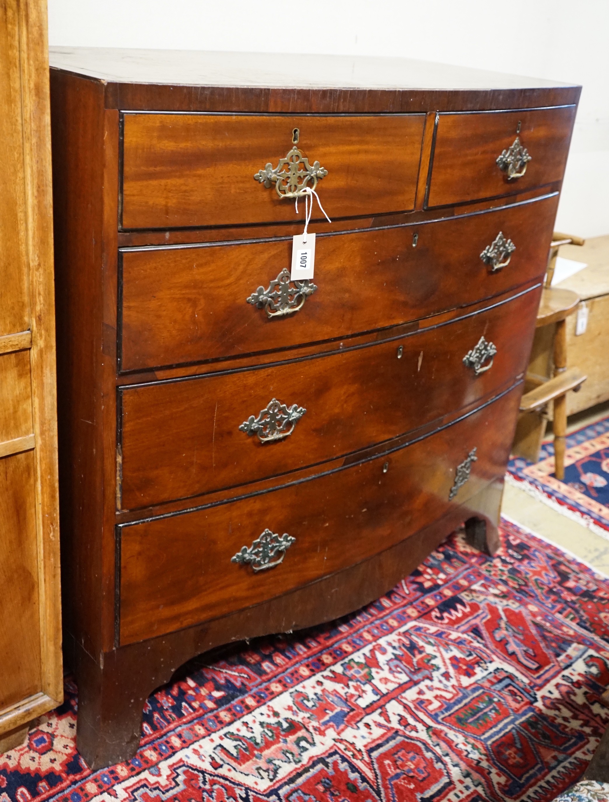 A Regency mahogany bow front chest of drawers, width 107cm, depth 55cm, height 108cm